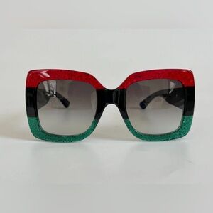 GUCCI RED/GREEN GLITTER GG0083S OVERSIZED SQUARE SUNGLASSES
